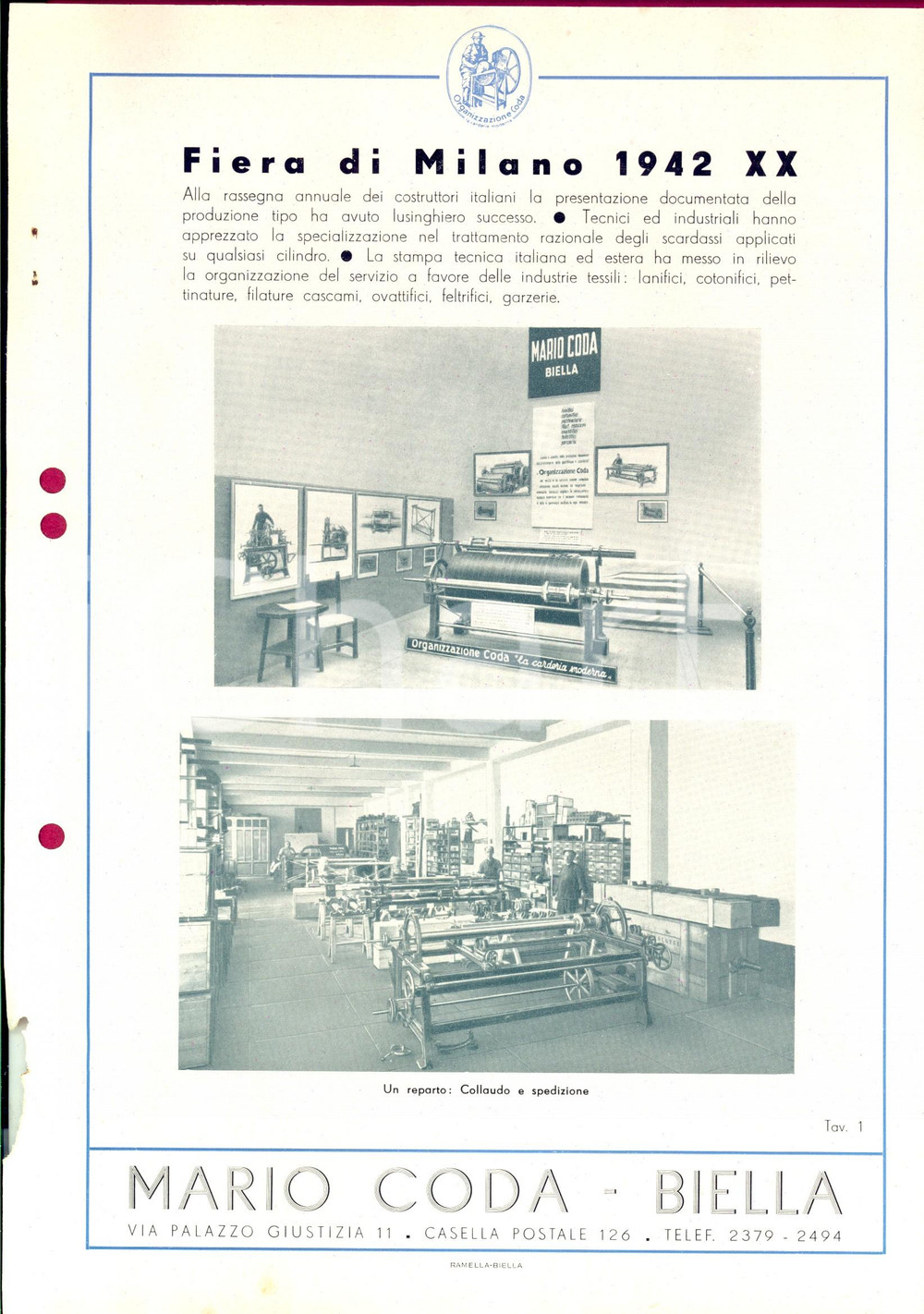 Materiale pubblicitario d’epoca 1942 BIELLA Ditta Mario CODA Fiera di MILANO  Collaudo Scheda PUBBLICITARIA 1