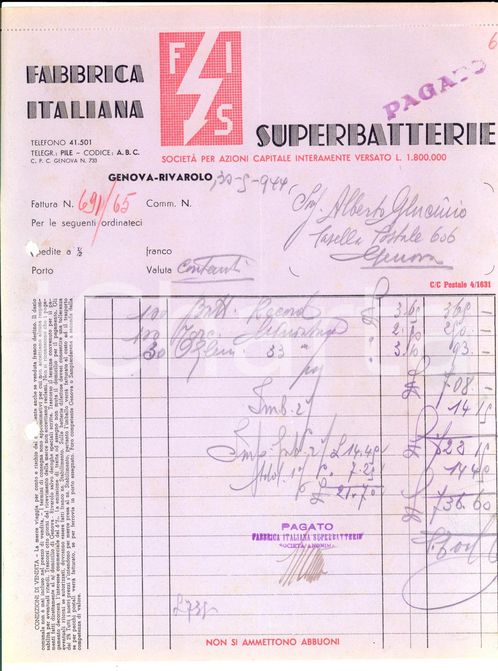 Documento originale, autentico 1944 GENOVA RIVAROLO Fabbrica Italiana Superbatterie  Fattura intestata 1