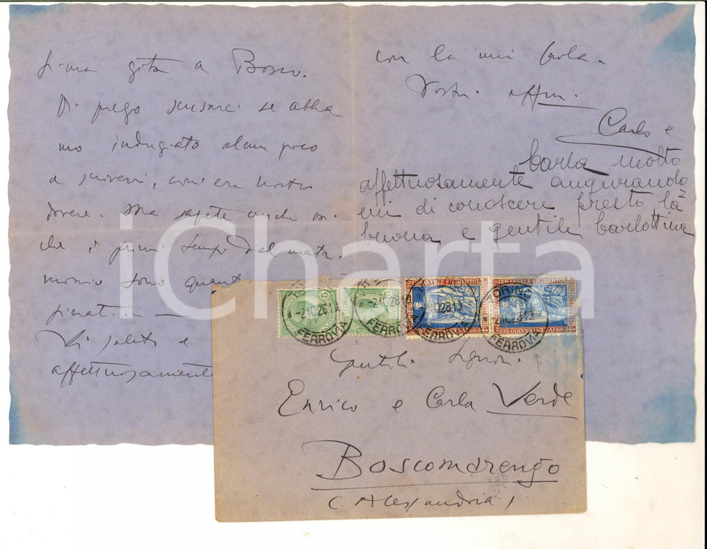 Documento originale, autentico 1928 TORINO STORIA POSTALE Lettera al ciclista Enrico VERDE di BOSCO MARENGO 1