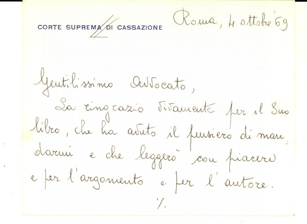 Autografo originale 1969 ROMA CORTE DI CASSAZIONE Biglietto magistrato Renato BORRUSO Autografo 1