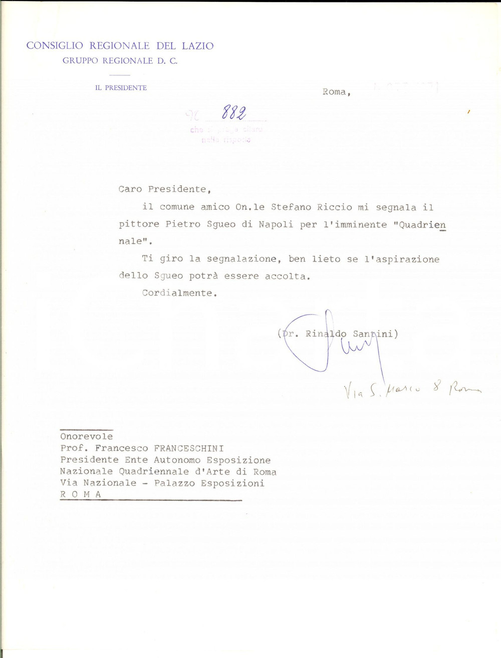 Autografo originale 1971 ROMA Consiglio Regionale LAZIO DC  Lettera Rinaldo SANTINI Autografo 1