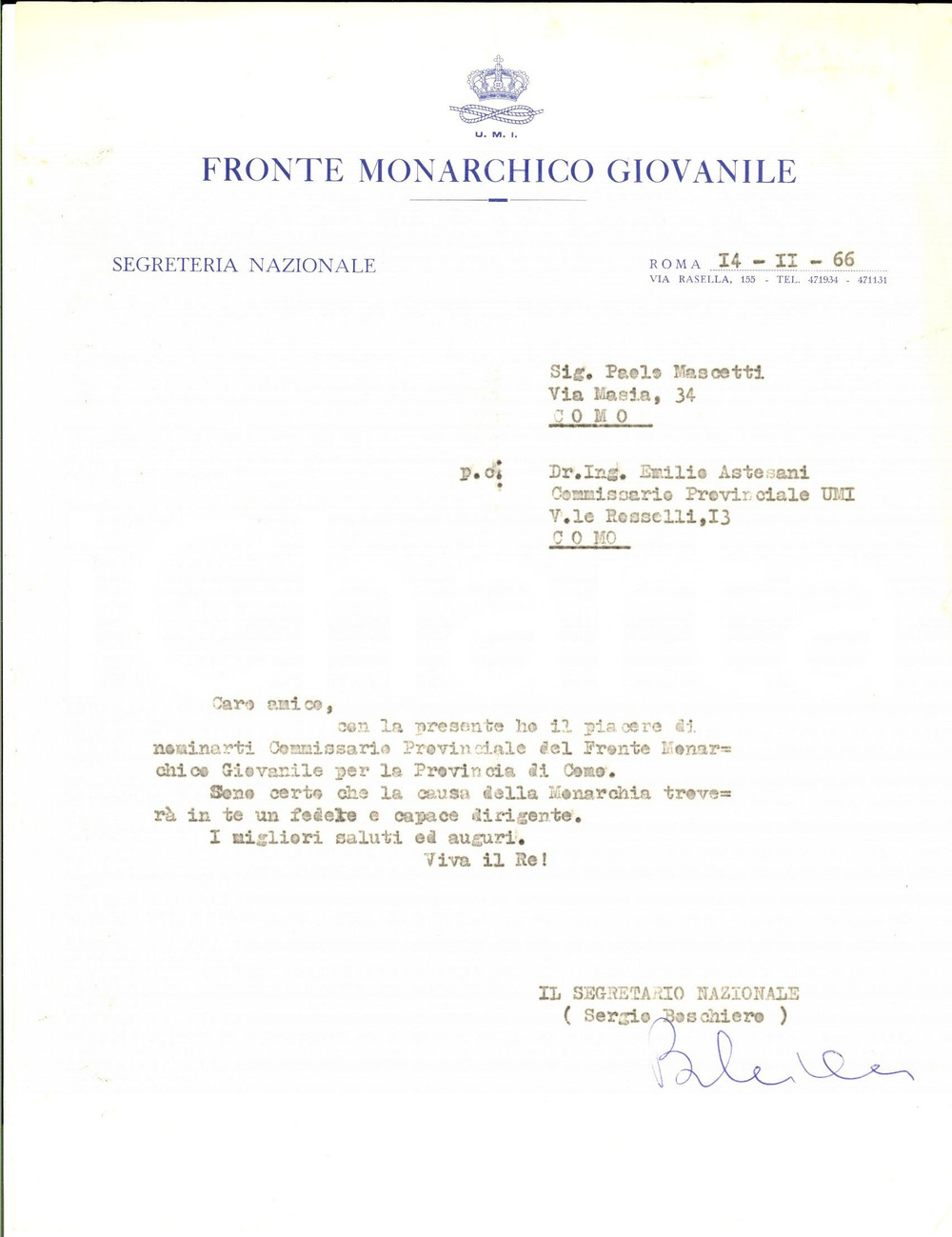 Autografo originale 1966 ROMA FRONTE MONARCHICO GIOVANILE Nomina con autografo Sergio BOSCHIERO 1