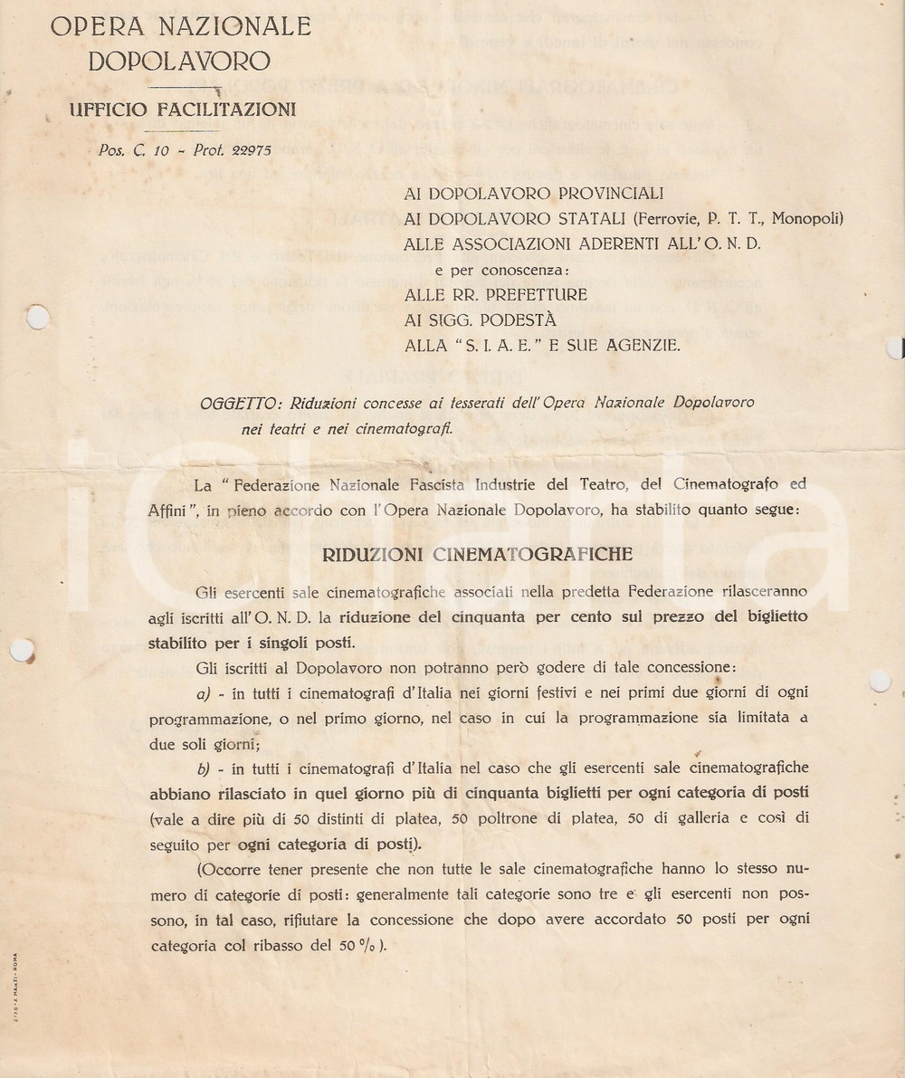 Documento originale, autentico 1928 OND ROMA Riduzioni cinematografiche per tesserati Lettera circolare 1