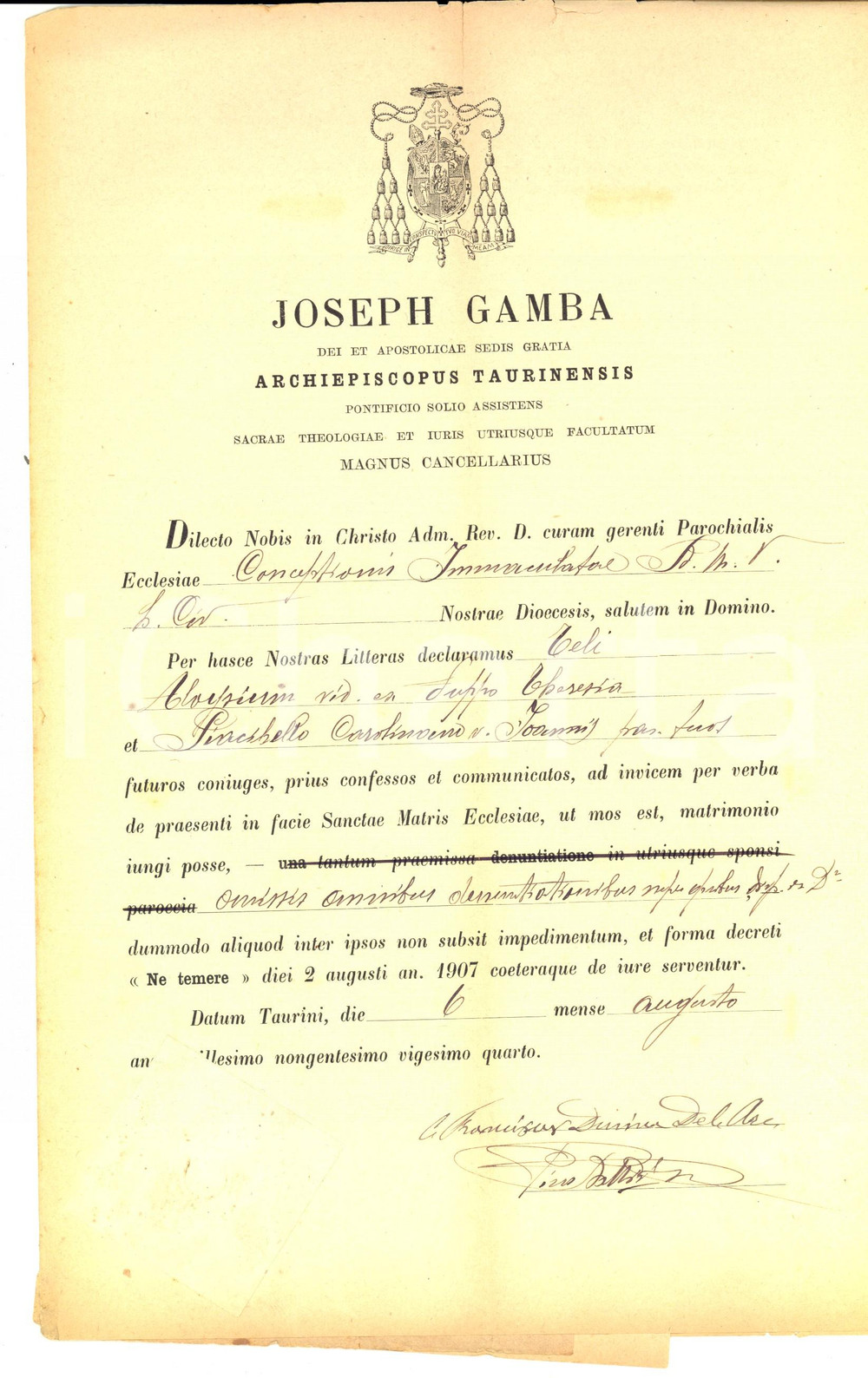 Documento originale, autentico 1924 TORINO Dispensa nozze Luigi TELI  Carolina PIACIBELLO Mons. Giuseppe GAMBA 1