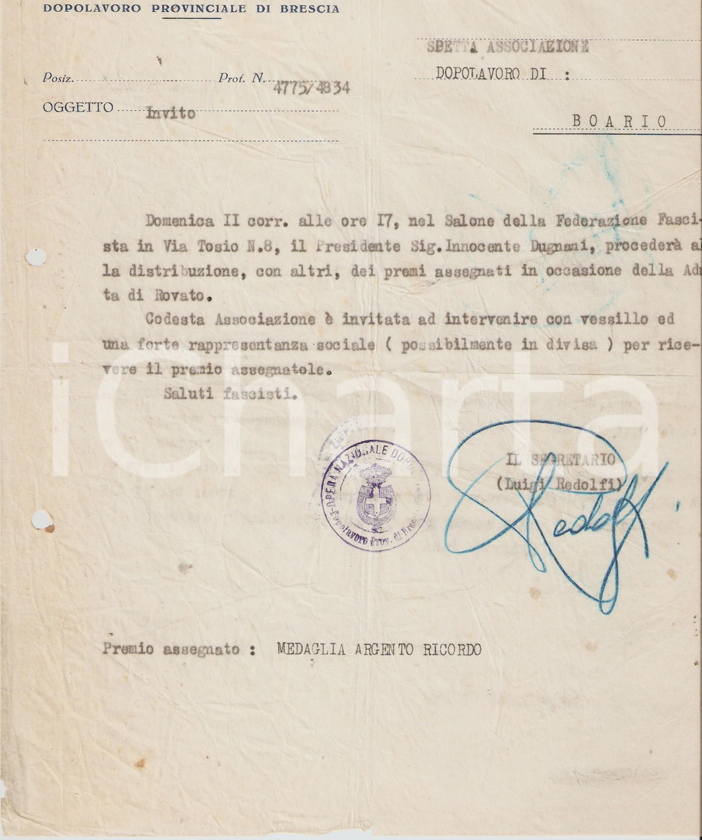 Documento originale, autentico 1928 OND BRESCIA Lettera per distribuzione premi adunata di ROVATO 1