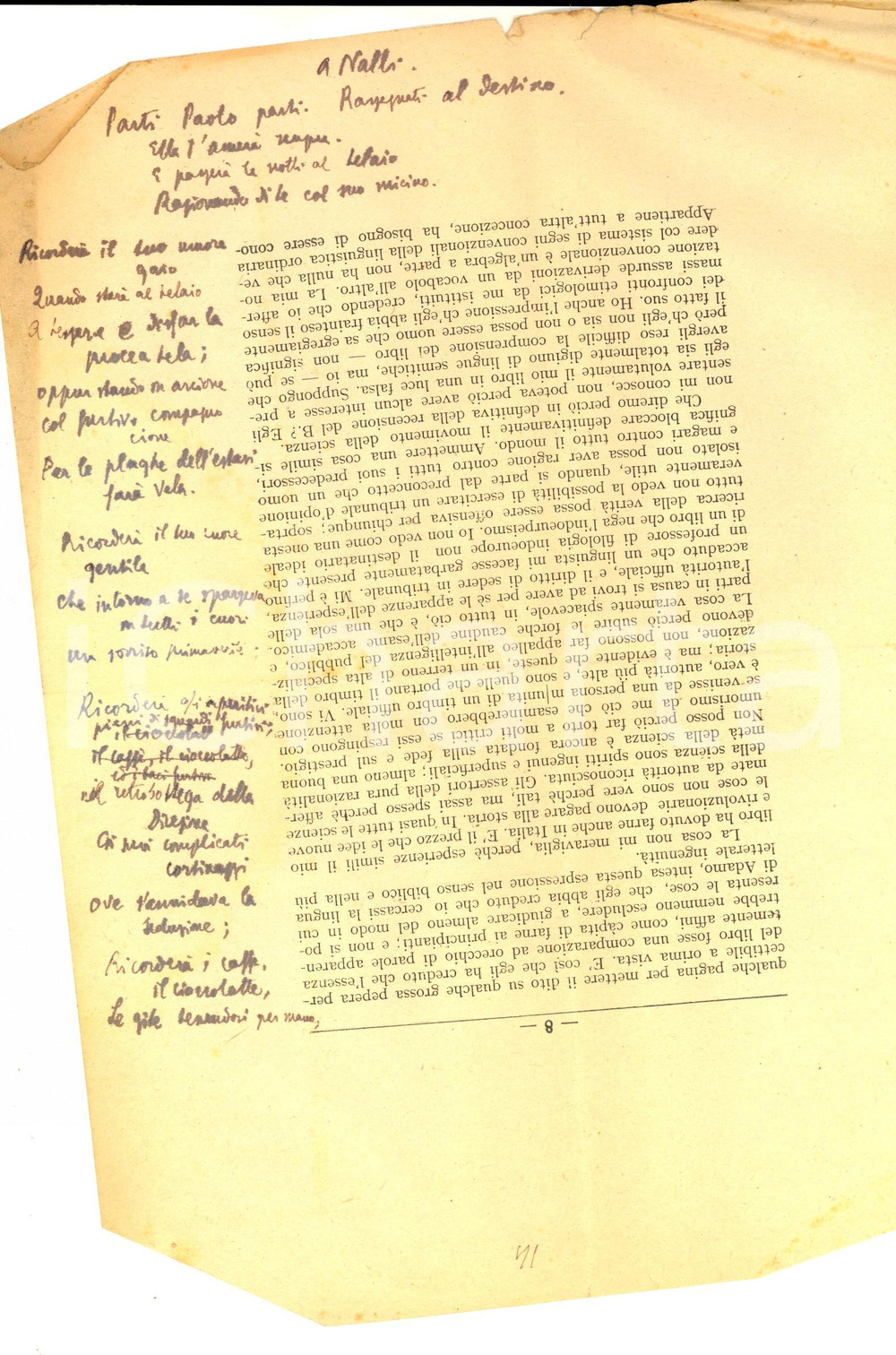 Manoscritto, lettera originale 1950 ca ANONIMO Poesia inedita  A Nalli. Parti, Paolo, parti. CURIOSA 1