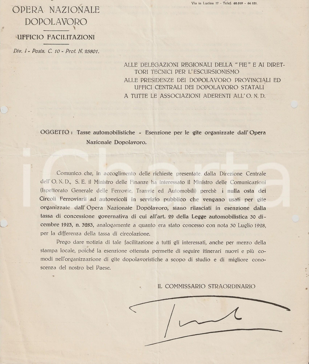 Documento originale, autentico 1928 OND ROMA Tasse automobilistiche  Esenzione per le gite Lettera circolare 1