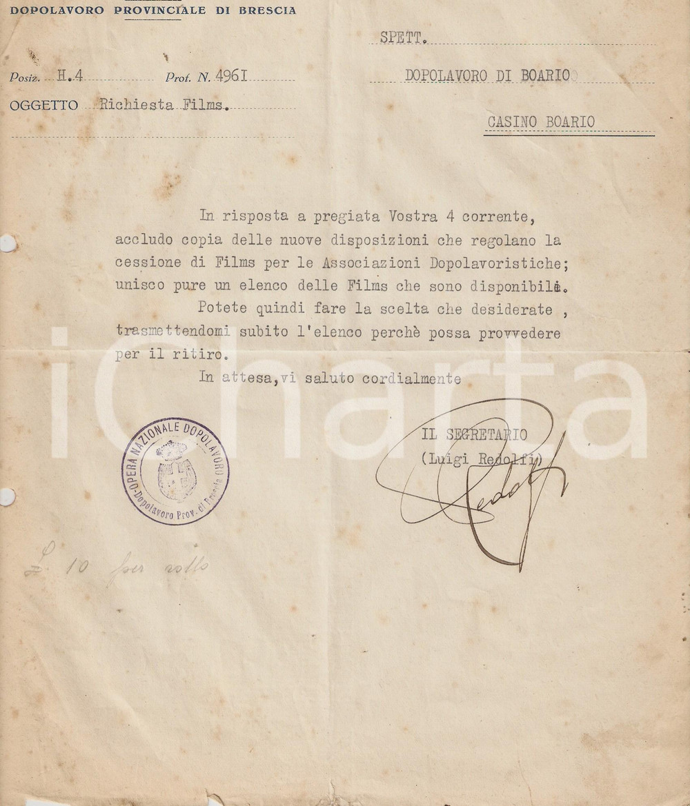 Documento originale, autentico 1927 OND BOARIO Lettera Luigi REDOLFI sulla cessione dei film al dopolavoro 1
