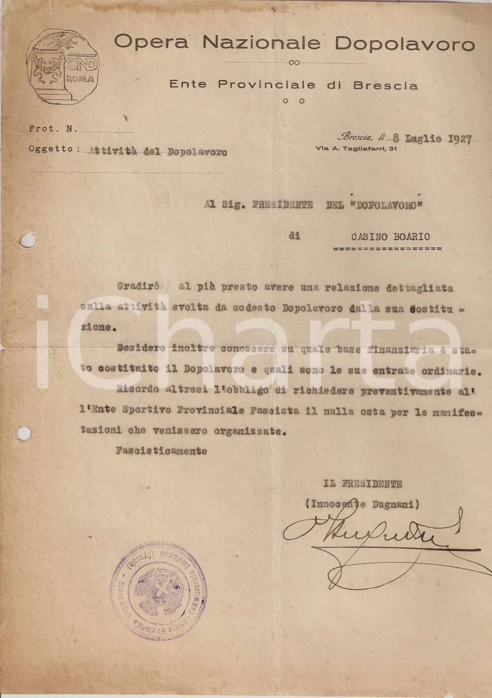 Documento originale, autentico 1927 OND BRESCIA Lettera Innocente DUGNANI per relazione su attivitÃ  locali 1