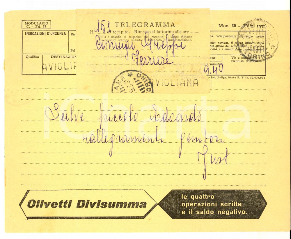 Documento originale, autentico 1953 TORINO Telegramma pubblicitario OLIVETTI DIVISUMMA  VINTAGE 1