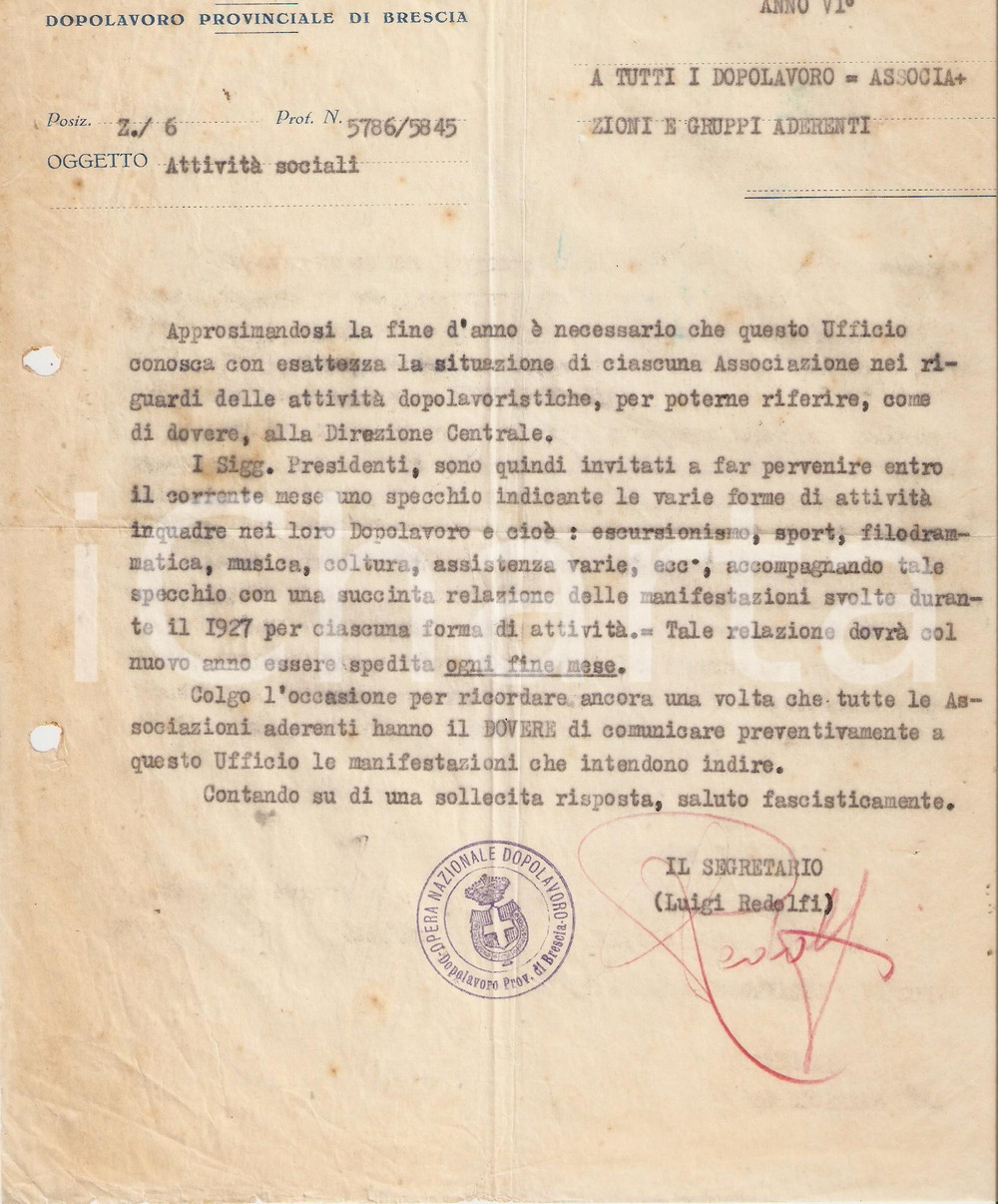 Documento originale, autentico 1927 OND BRESCIA Luigi REDOLFI chiede relazione su attivitÃ  locali Lettera 1
