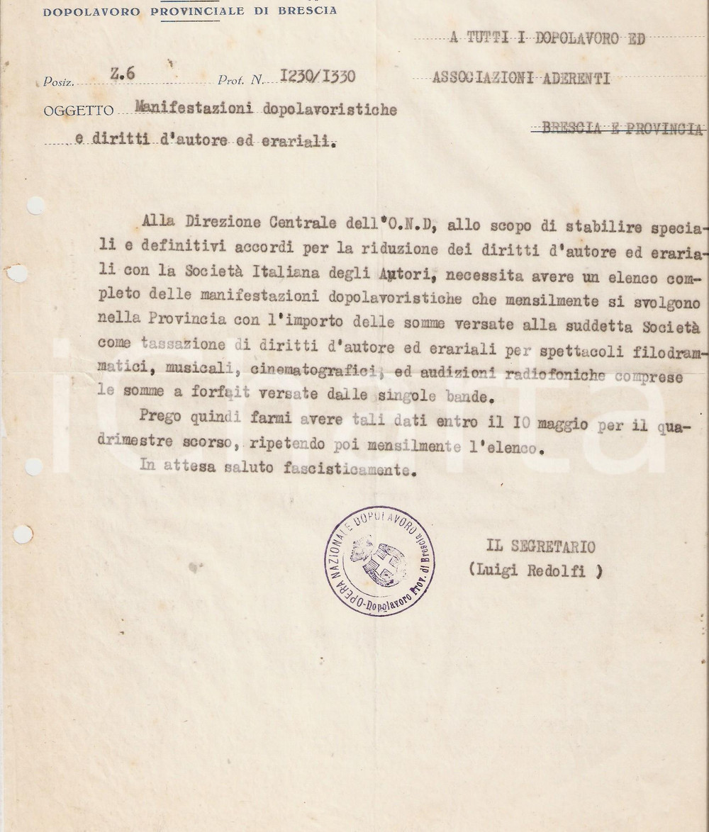 Documento originale, autentico 1928 OND BRESCIA Accordo con la SIAE per riduzione diritti erariali Lettera 1