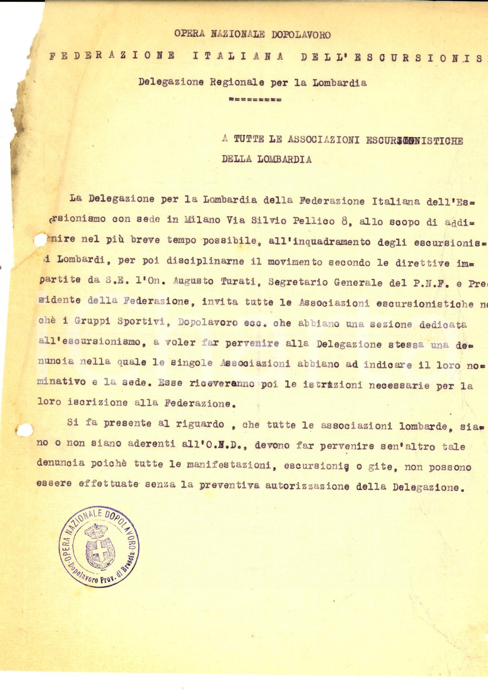 Documento originale, autentico 1930 ca OND LOMBARDIA Inquadramento degli escursionisti lombardi Lettera 1
