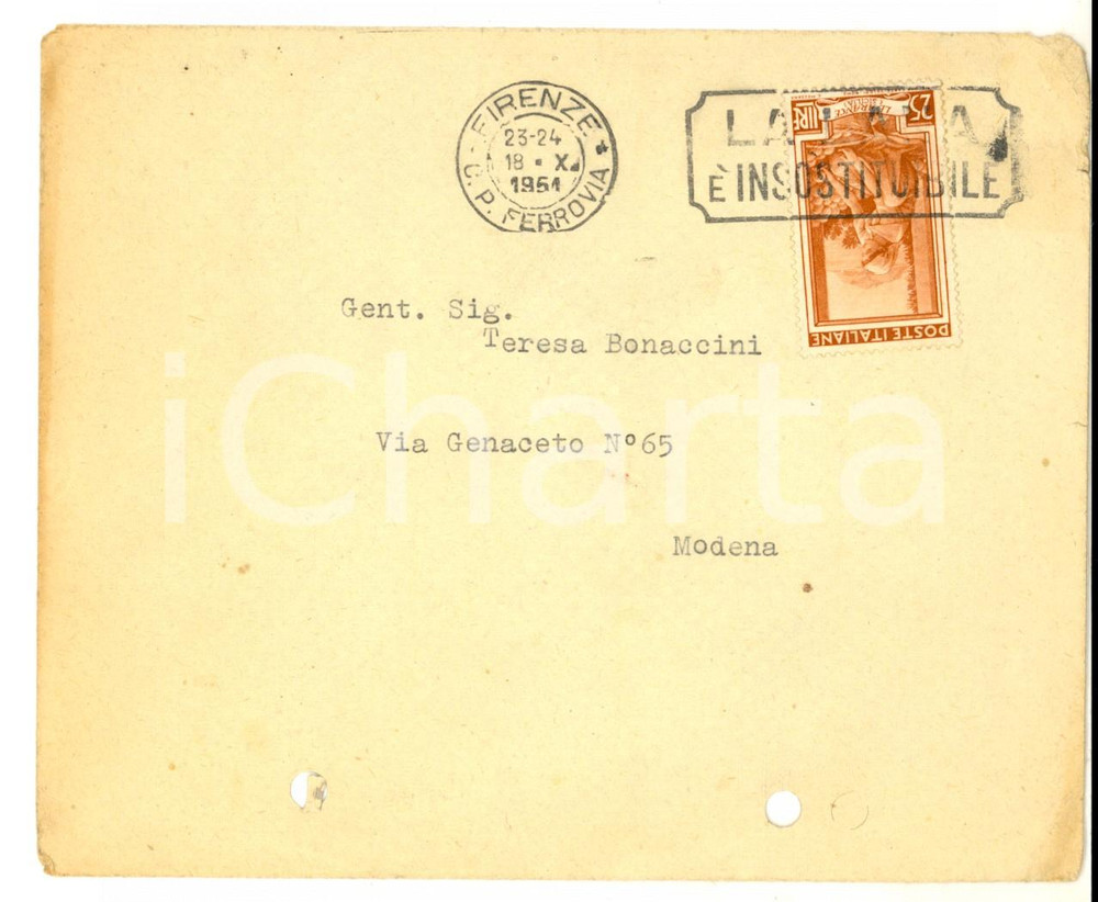 Materiale pubblicitario d’epoca 1951 STORIA POSTALE FIRENZE Busta timbro pubblicitario LA LANA E  INSOSTITUIBILE 1
