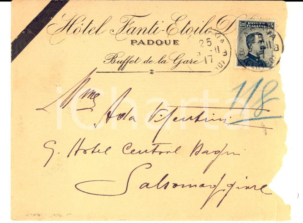 Materiale pubblicitario d’epoca 1917 STORIA POSTALE PADOVA Busta intestata Hotel FANTIETOILE D OR DANNEGGIATA 1