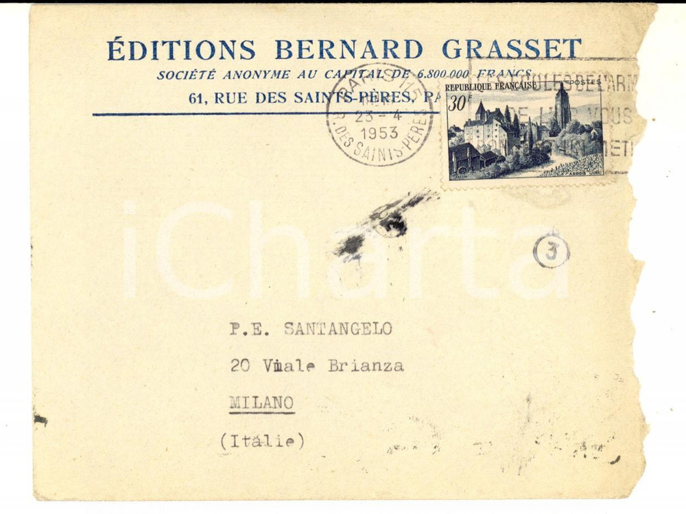 Materiale pubblicitario d’epoca 1953 STORIA POSTALE PARIS Busta Ã©ditions Bernard GRASSET affrancata 30F ARBOIS 1