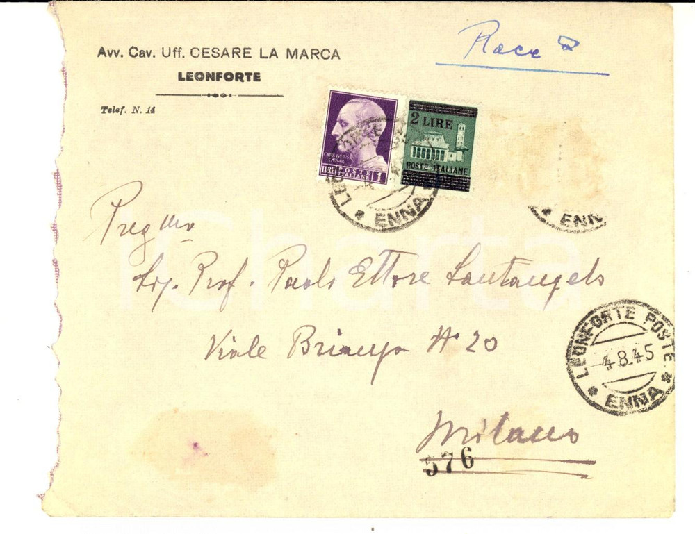 Cartolina originale da collezione 1945 STORIA POSTALE LEONFORTE Busta avv. Cesare LA MARCA Imperiale senza fasci 1