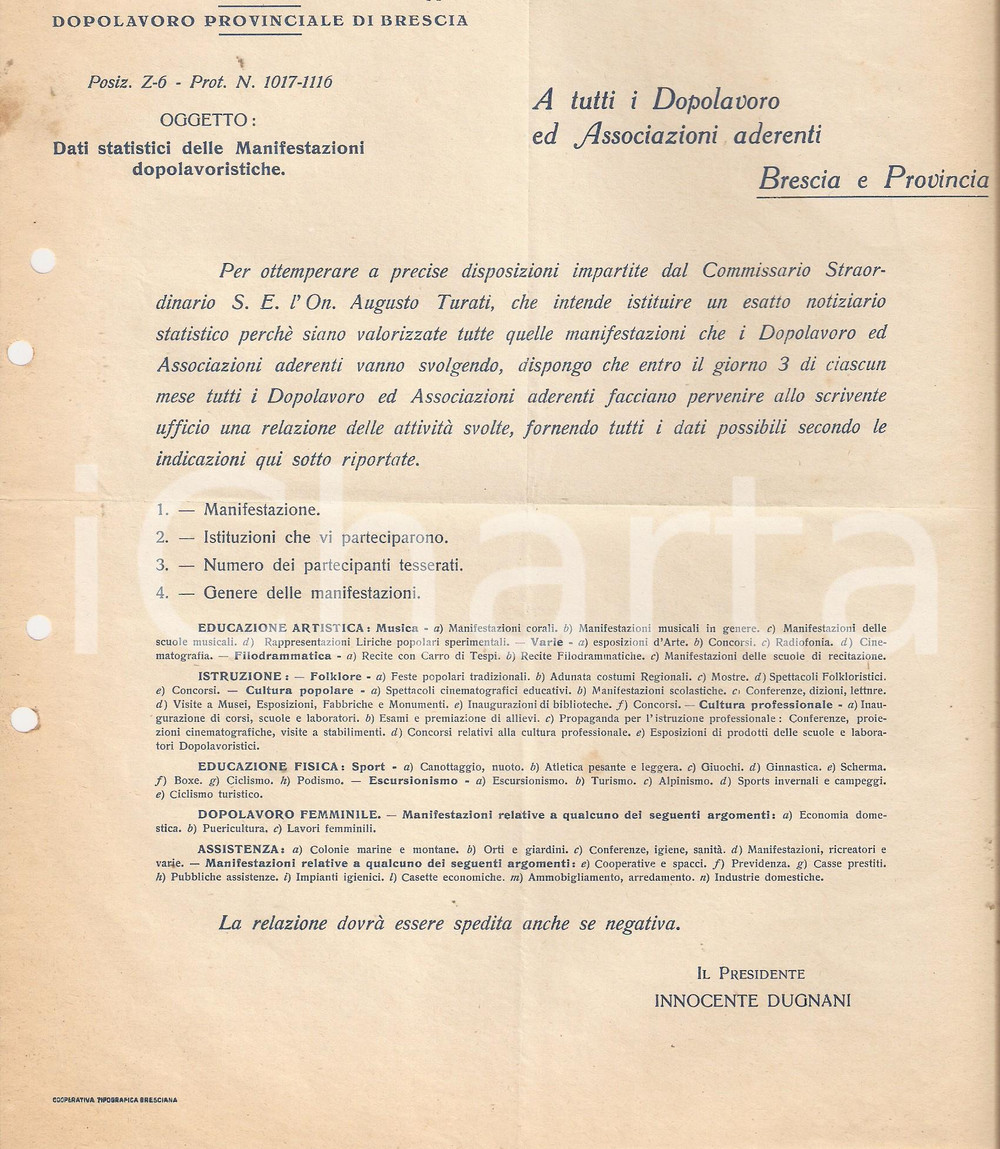 Documento originale, autentico 1928 OND BRESCIA Richiesta di relazioni sulle attivitÃ  locali Lettera 1