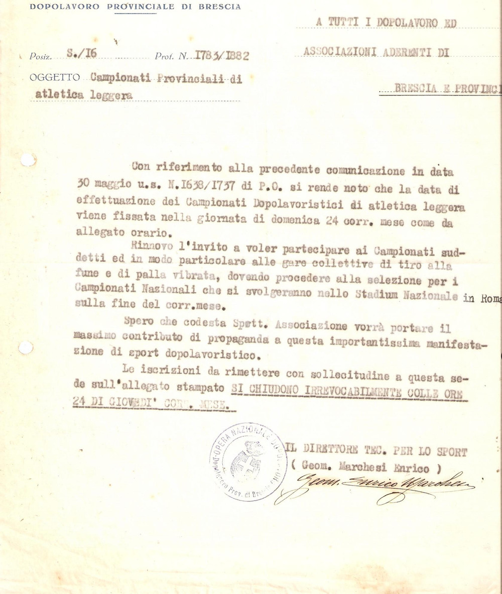 Documento originale, autentico 1928 OND BRESCIA Campionati di atletica leggera  tiro alla fune Lettera 1