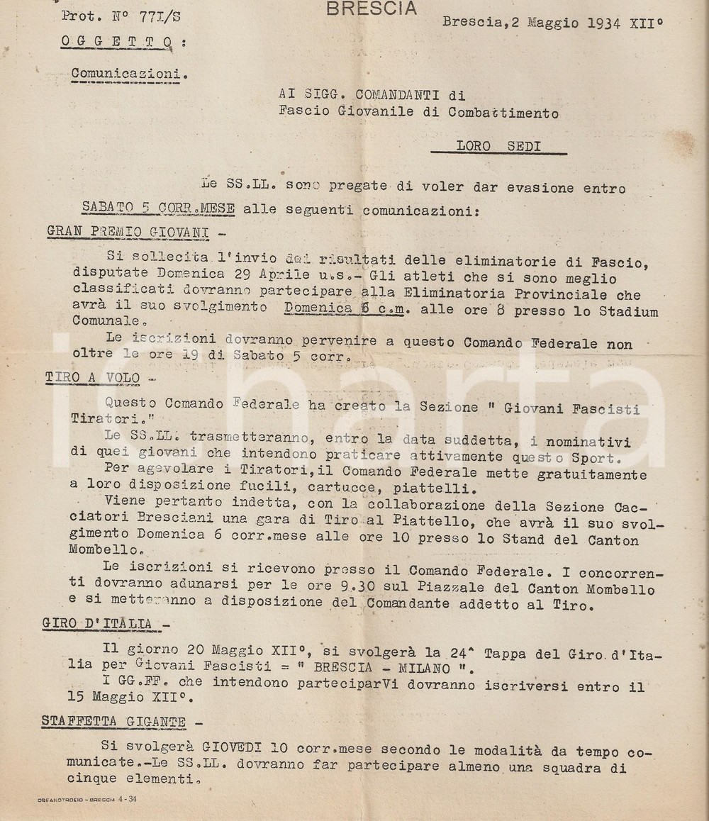 Documento originale, autentico 1934 PNF BRESCIA Gare giovanili tiro a volo  staffetta  ciclismo Lettera 1