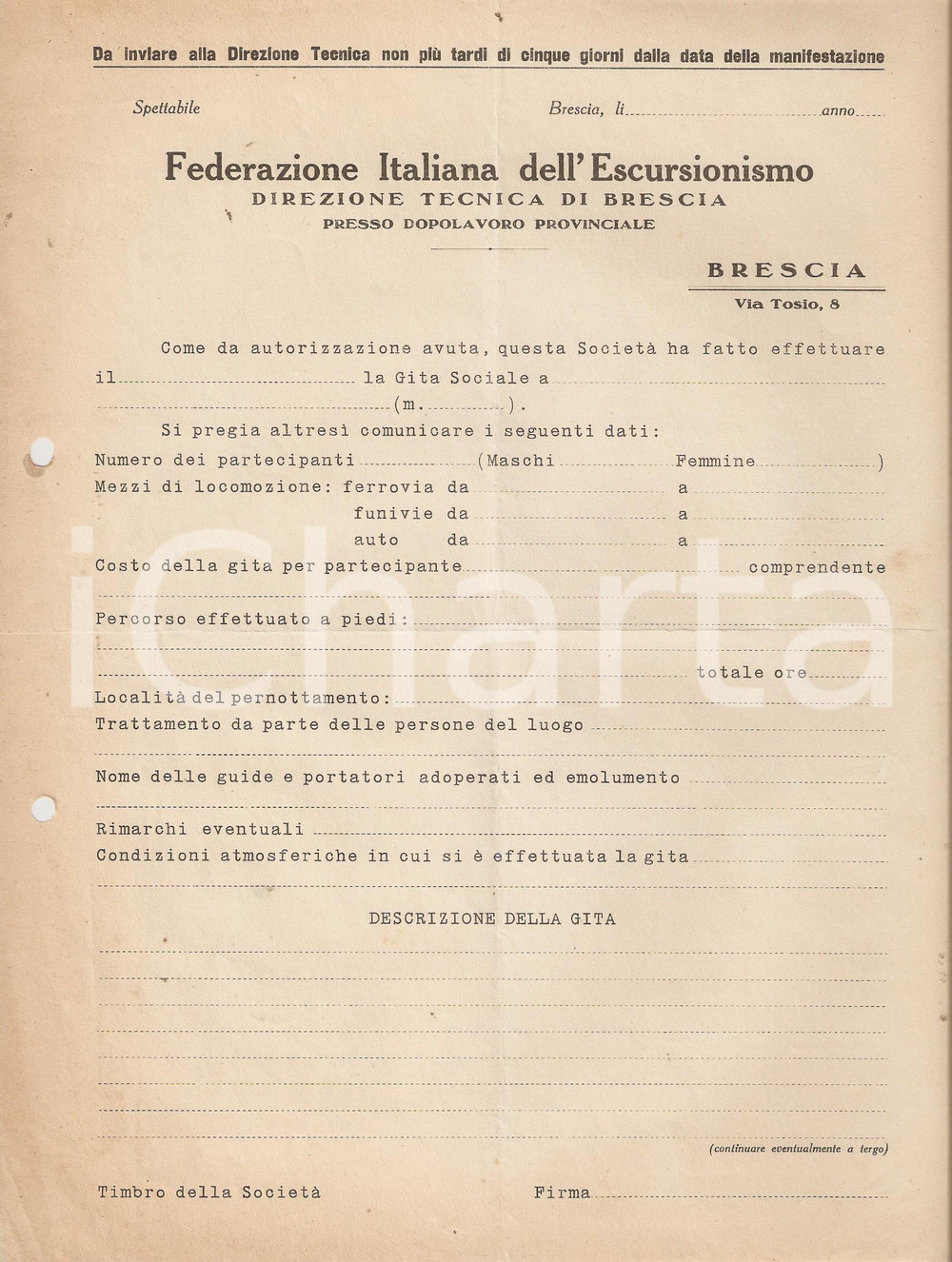 Documento originale, autentico 1928 OND BRESCIA Norme tecniche e contegno escursionisti in gita Circolare 1