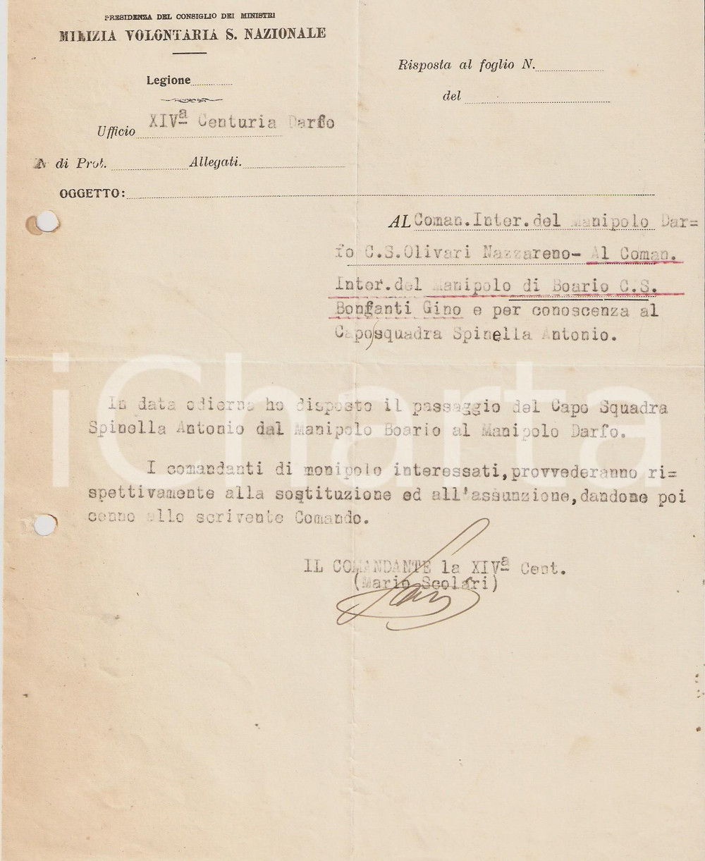 Documento originale, autentico 1928 MVSN DARFO BS Trasferimento del caposquadra Antonio SPINELLA Lettera 1