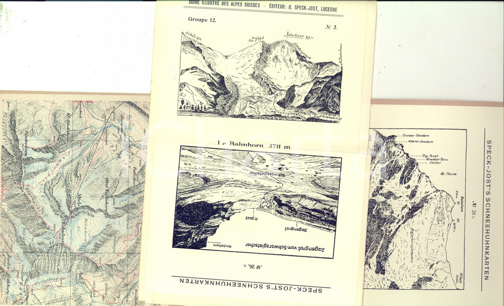 Mappa, planimetria storica 1910 ca SCHWEIZERALPEN Schneehuhnkarte BALMHORN 2 Beilagen nÂ° 26 1