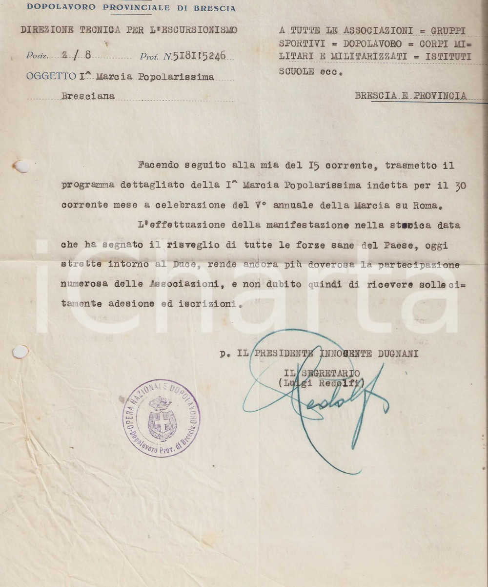 Documento originale, autentico 1927 OND BRESCIA Lettera sulla 1 Marcia Popolarissima Bresciana Luigi REDOLFI 1