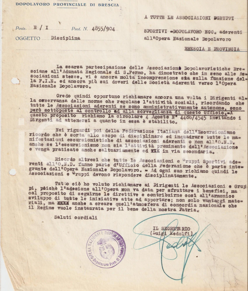Documento originale, autentico 1927 OND BRESCIA Richiamo per la scarsa partecipazione all adunata di SAN FERMO 1