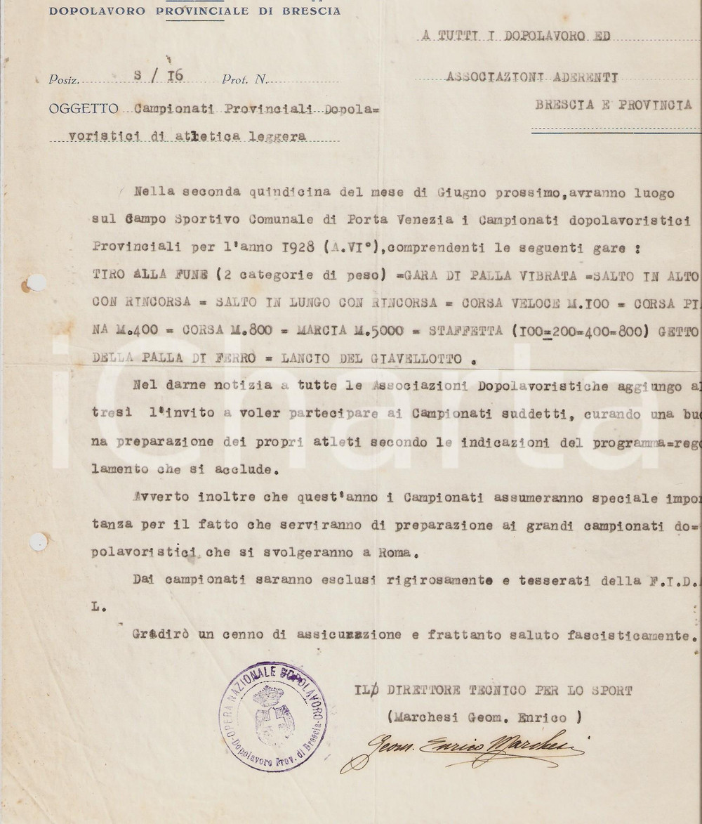 Documento originale, autentico 1928 OND BRESCIA Campionati provinciali atletica leggera Geom. Enrico MARCHESI 1