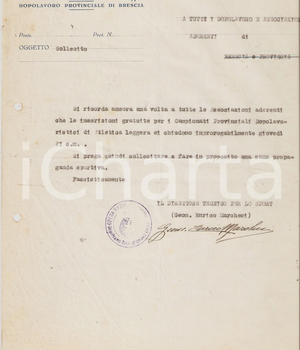 Documento originale, autentico 1928 OND BRESCIA Iscrizioni ai campionati di atletica Geom. Enrico MARCHESI 1