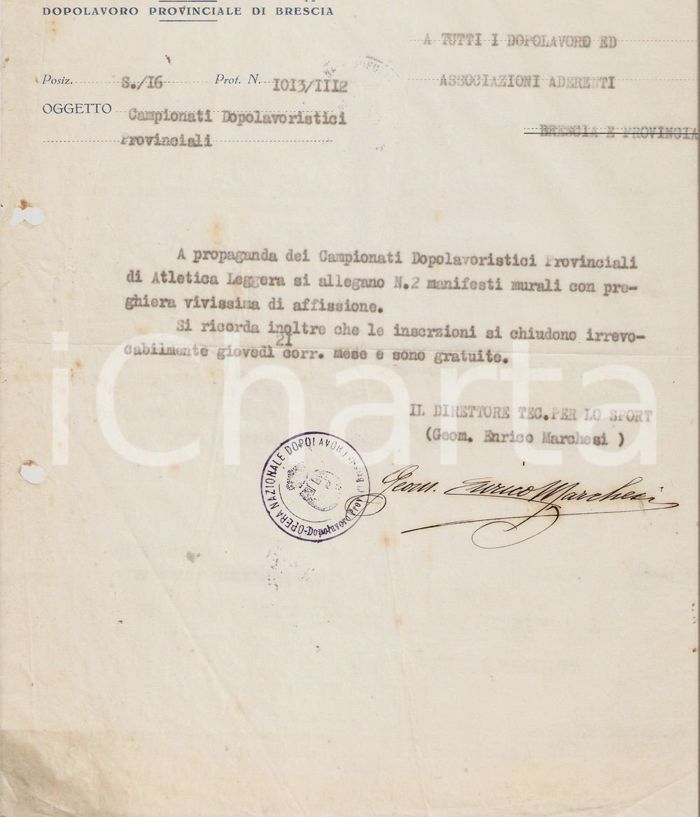 Documento originale, autentico 1928 OND BRESCIA Manifesti per campionati di atletica Geom. Enrico MARCHESI 1