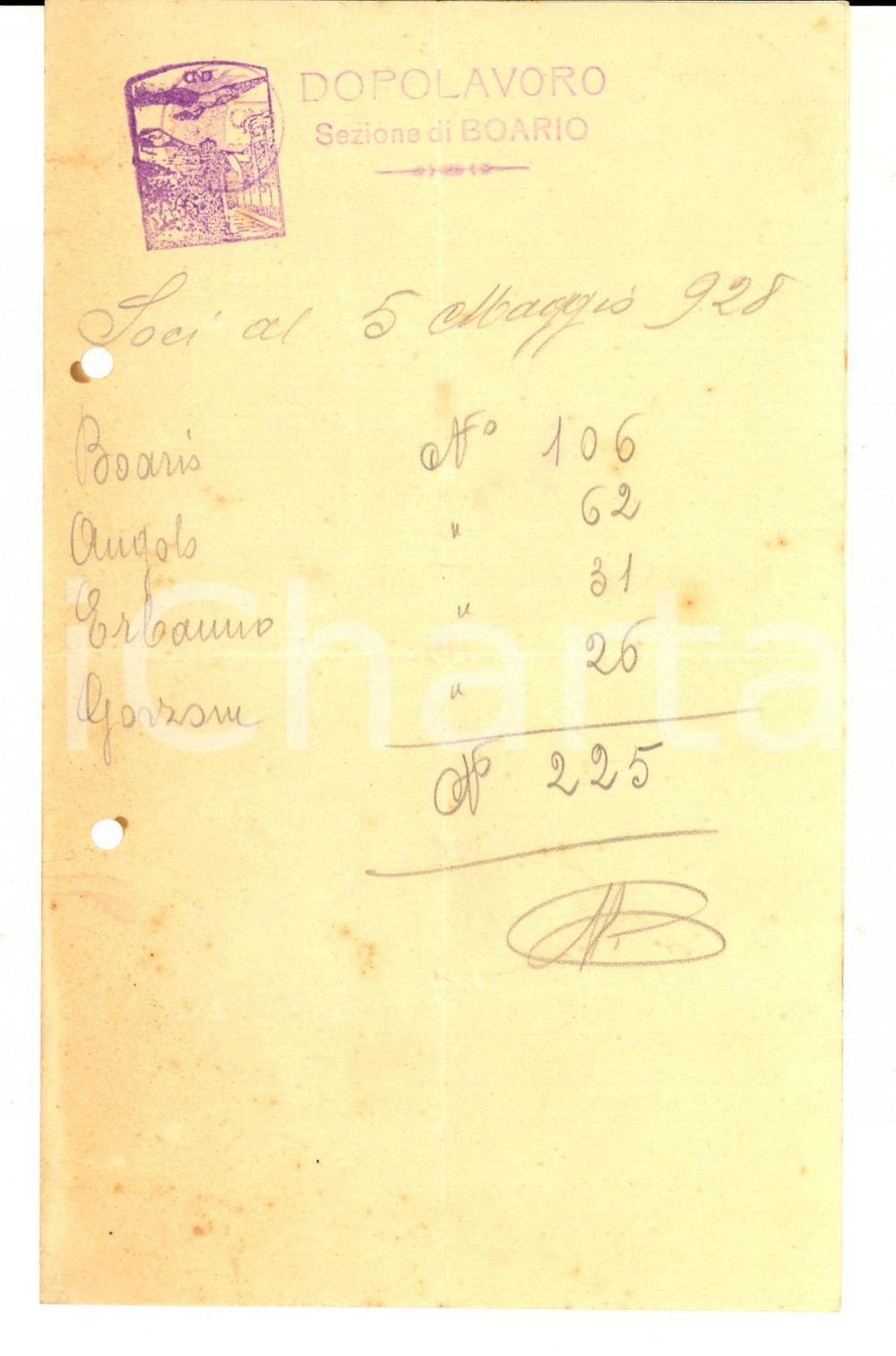 Documento originale, autentico 1928 OND DARFO BOARIO TERME BS Numero soci dopolavoro nelle frazioni 1