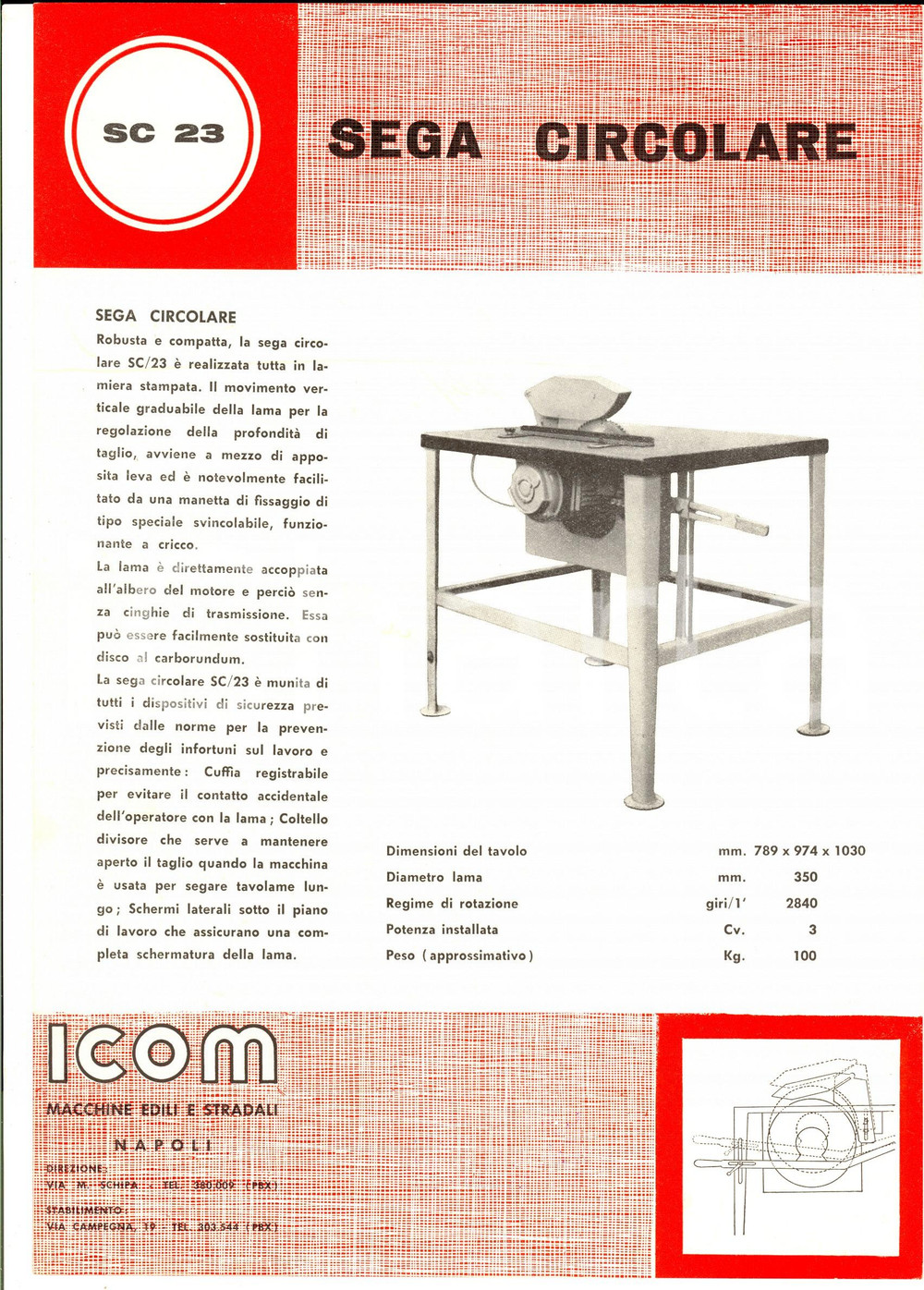 Materiale pubblicitario d’epoca 1960 ca NAPOLI Ditta ICOM Sega circolare  Classificatore Scheda ILLUSTRATA 1