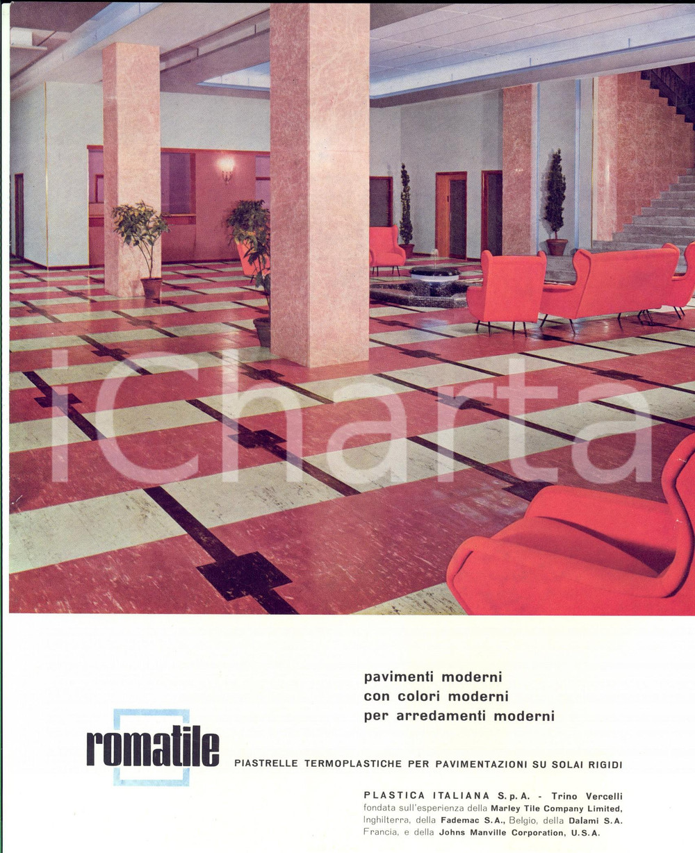 Materiale pubblicitario d’epoca 1960 ca TRINO VC PLASTICA ITALIANA Spa  ROMATILE Scheda ILLUSTRATA 1