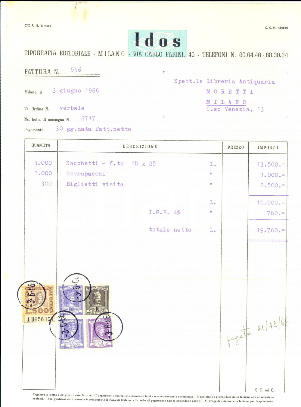Materiale pubblicitario d’epoca 1966 MILANO Tipografia editoriale IDOS  Fattura per biglietti Bolli 1