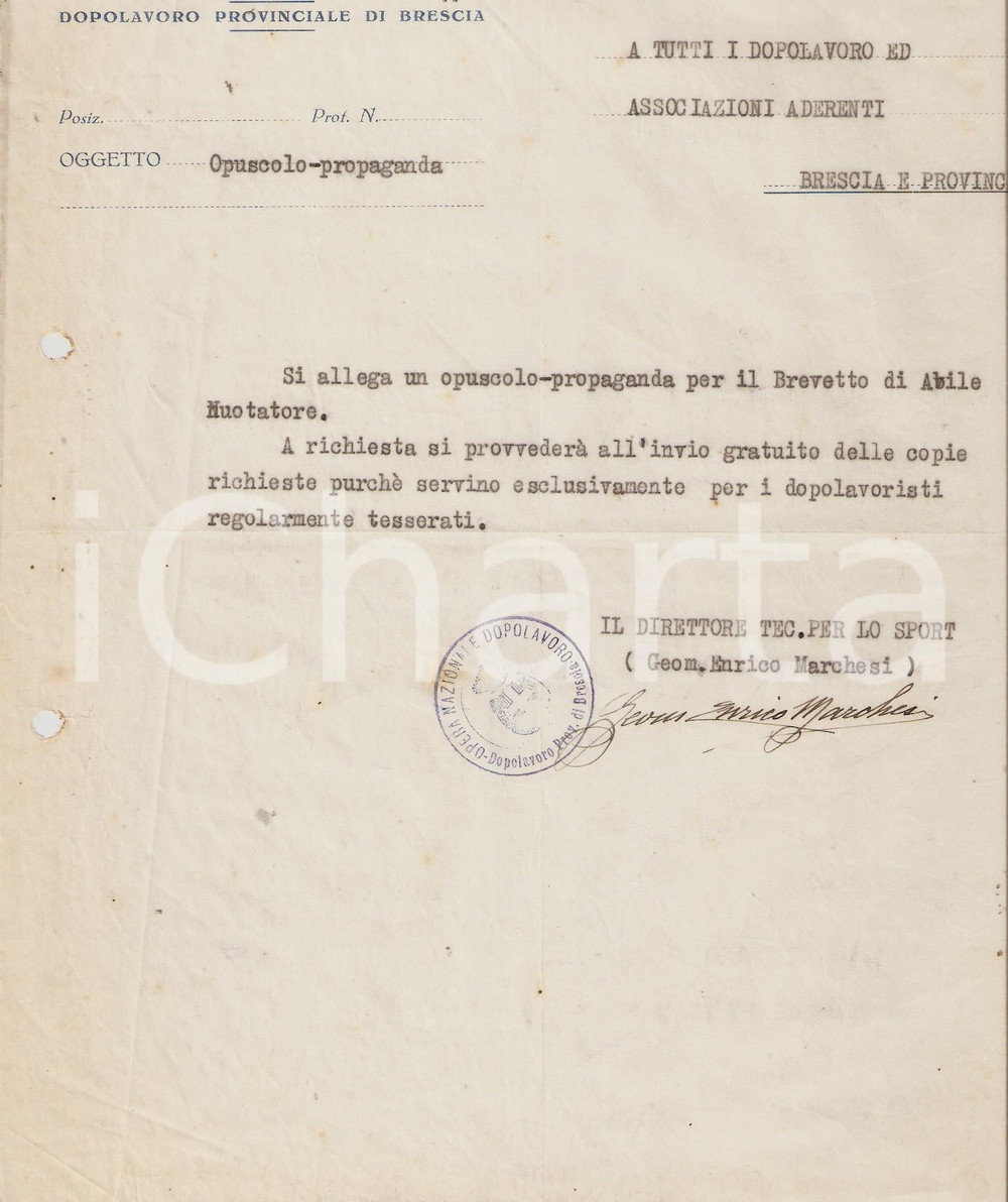 Documento originale, autentico 1928 OND BRESCIA Opuscolo propaganda per nuotatori Lettera Enrico MARCHESI 1