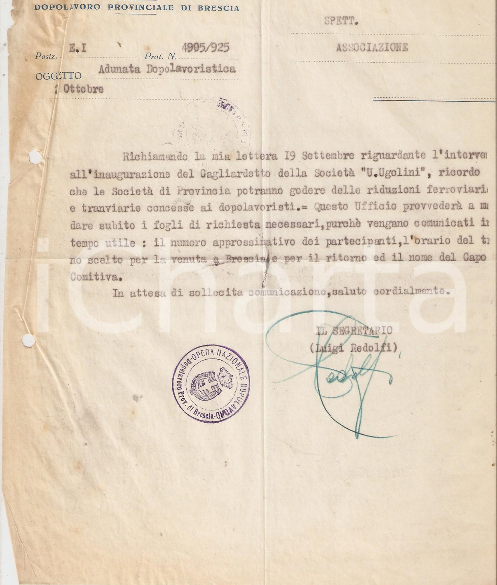 Documento originale, autentico 1927 OND BRESCIA Inaugurazione vessillo societÃ  Ugolino Ugolini  Sconti 1