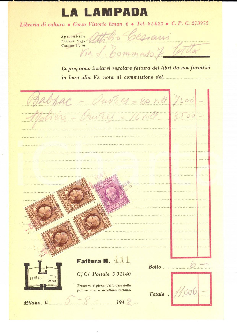 Documento originale, autentico 1942 MILANO LA LAMPADA Libreria di cultura  Fattura intestata con bolli 1