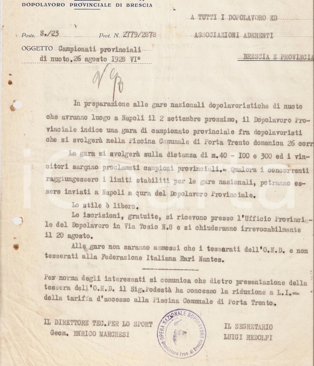 Documento originale, autentico 1928 OND BRESCIA Campionato provinciale di nuoto a PORTA TRENTO Lettera 1