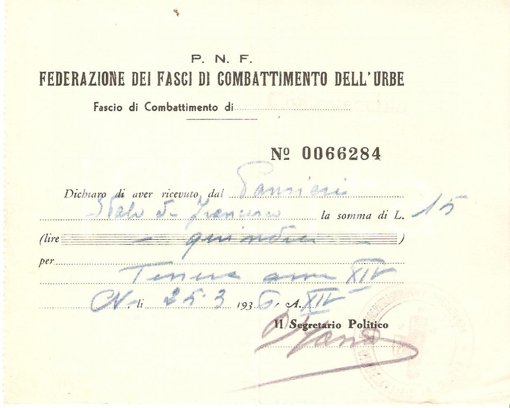 Manoscritto, lettera originale 1936 PNF CIVITAVECCHIA Ricevuta per saldo tessera del Fascio 1