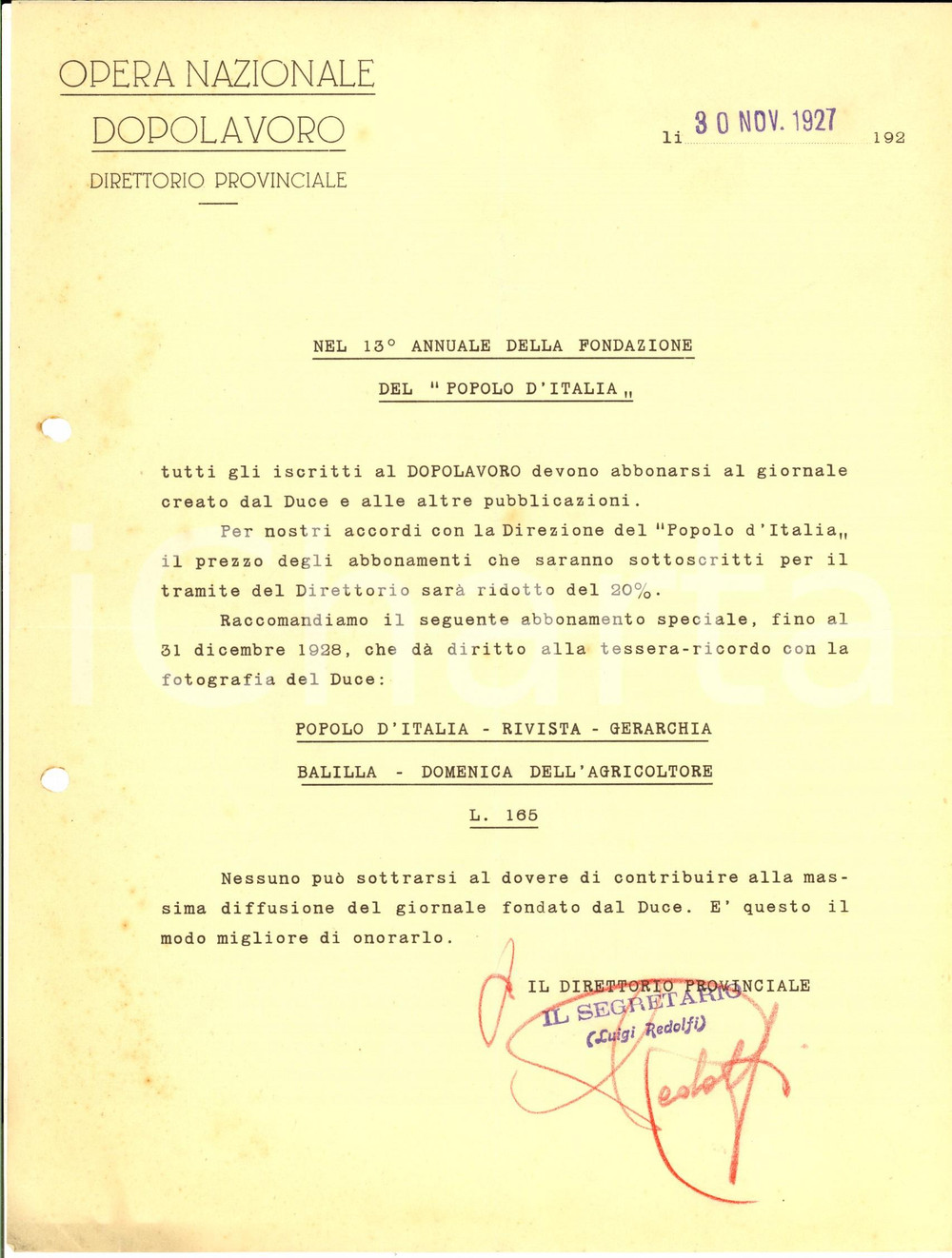 Documento originale, autentico 1927 OND BRESCIA Obbligo di abbonamento al POPOLO D ITALIA per 13Â° annuale 1