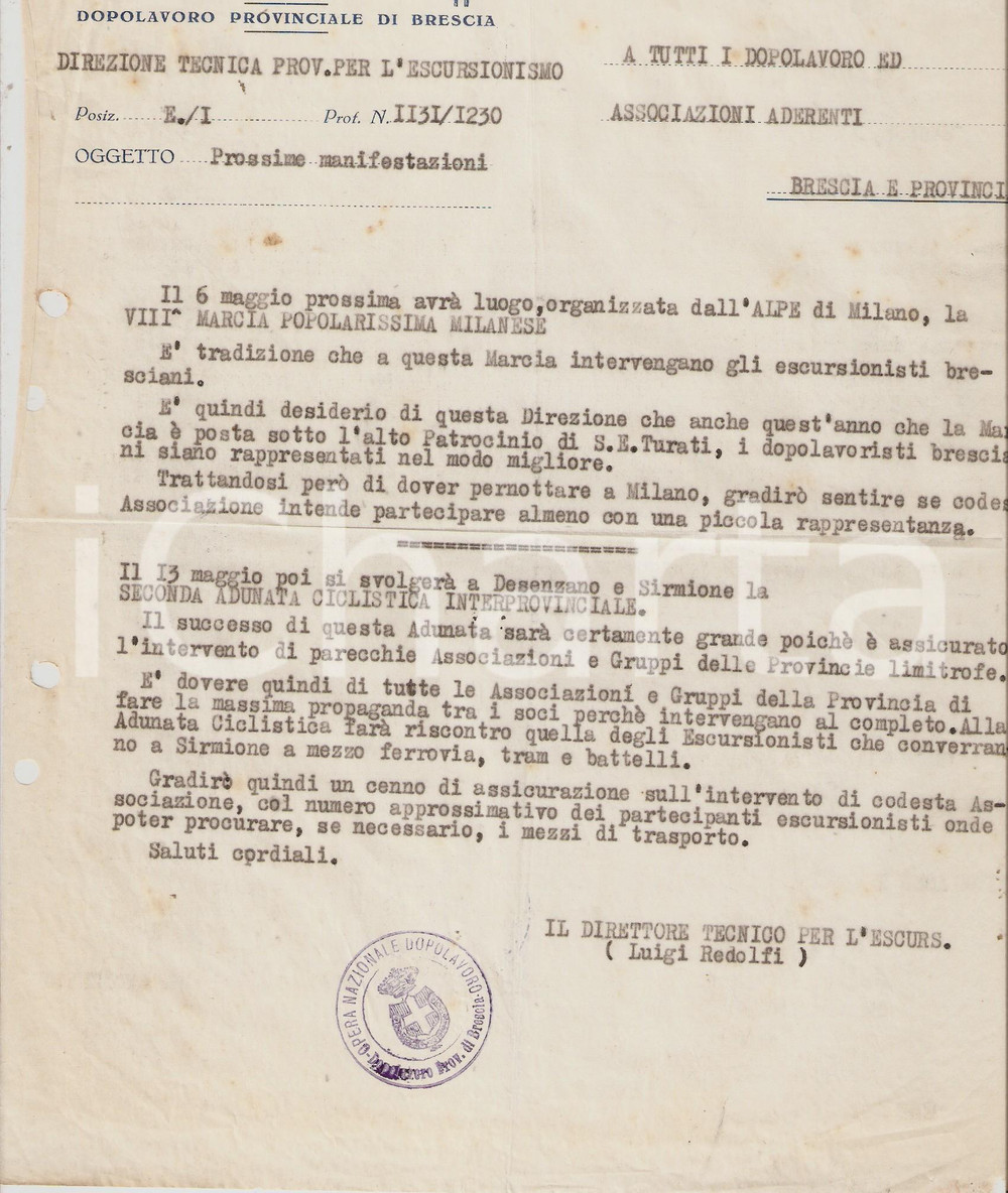 Documento originale, autentico 1928 OND BRESCIA VIII Marcia Popolarissima Milanese  Adunata ciclistica Lettera 1