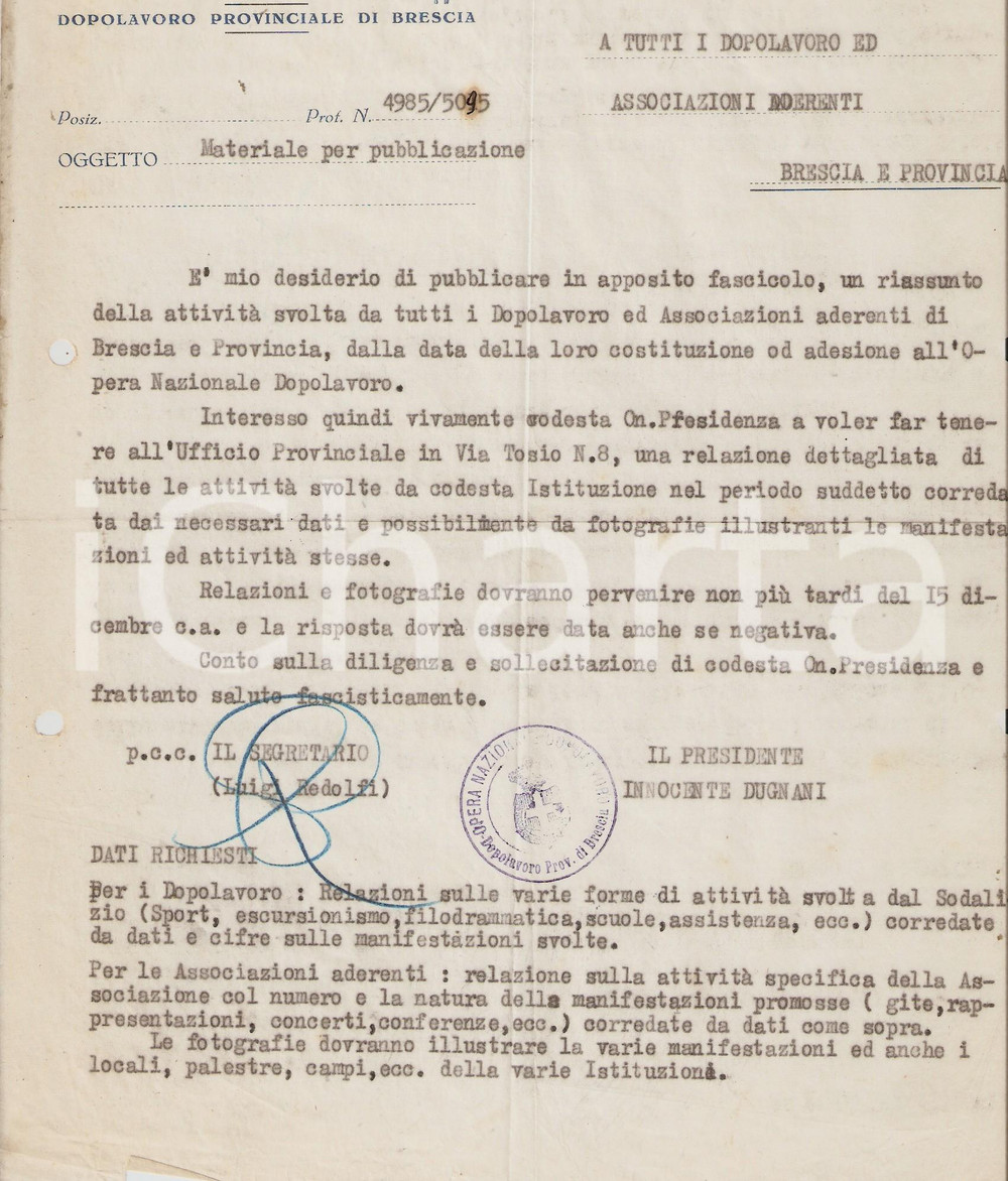 1928 OND BRESCIA Innocente DUGNANI chiede relazione su attività dopolavoristiche