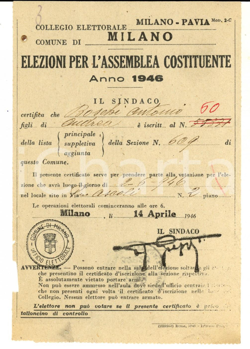Oggetto da collezione cartaceo 1946 MILANO ELEZIONI AMMINISTRATIVE Certificato elettorale BOSCHI Documento 1