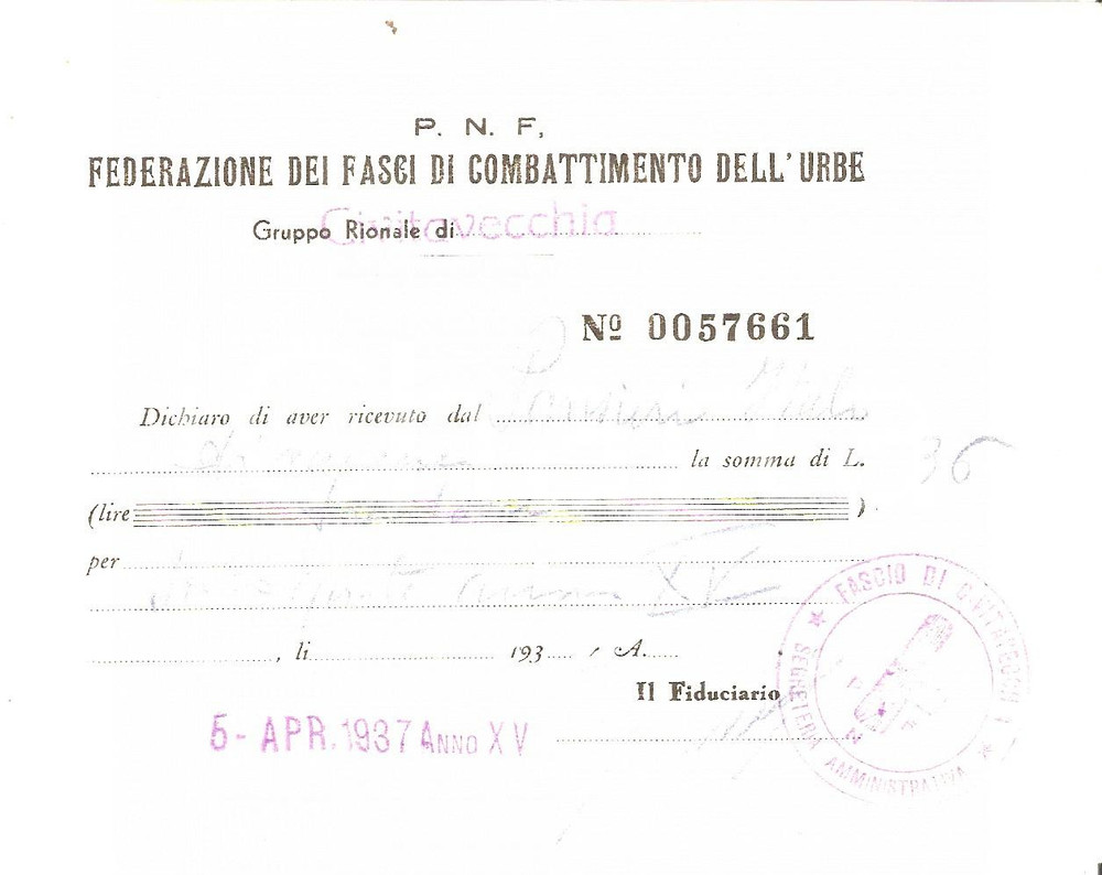 Manoscritto, lettera originale 1937 PNF CIVITAVECCHIA Ricevuta per saldo tessera Italo PANSIERI 1