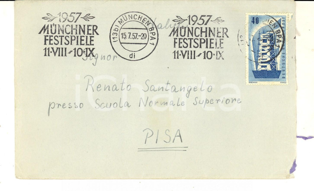Materiale pubblicitario d’epoca 1957 STORIA POSTALE MUNCHEN Busta pubblicitaria FESTSPIELE 40 c EUROPA 1