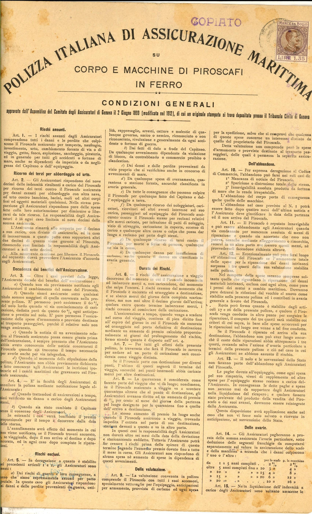 Documento originale, autentico 1920 GENOVA Polizza Assicurazione Marittima  SOCIETA  GRANARIA ITALIANA Danubio 1