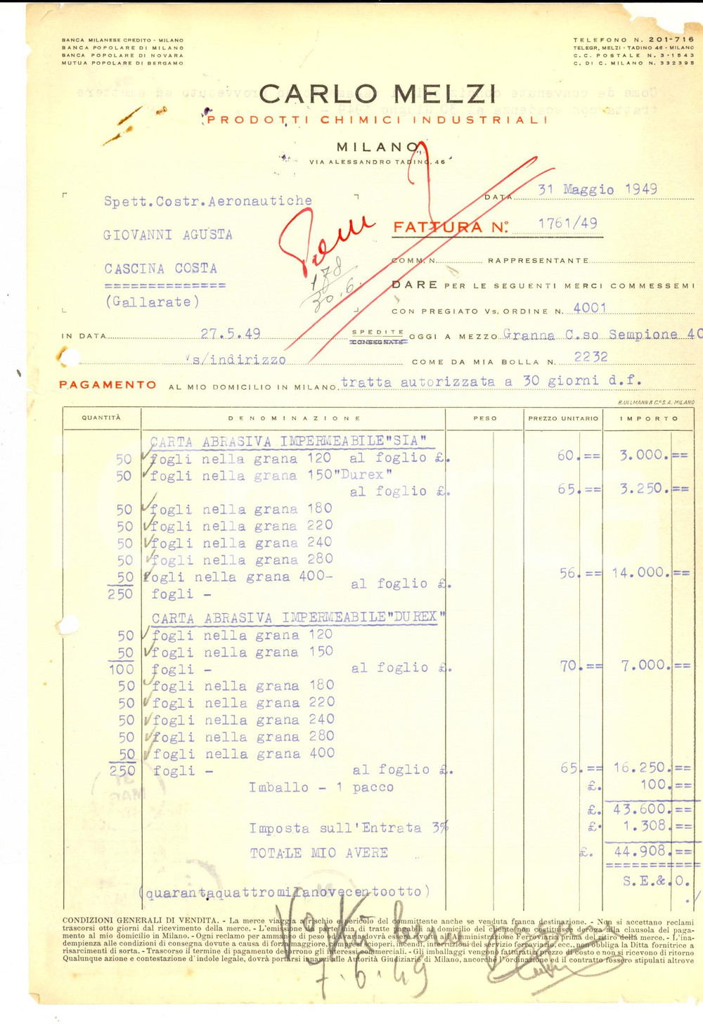 Documento originale, autentico 1949 MILANO Ditta Carlo MELZI Prodotti chimici industriali Fattura intestata 1