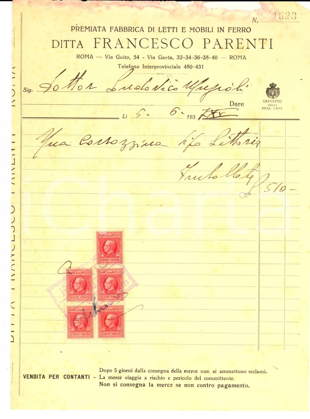 Documento originale, autentico 1937 ROMA Ditta Francesco PARENTI Letti e mobili in ferro Fattura DANNEGGIATA 1